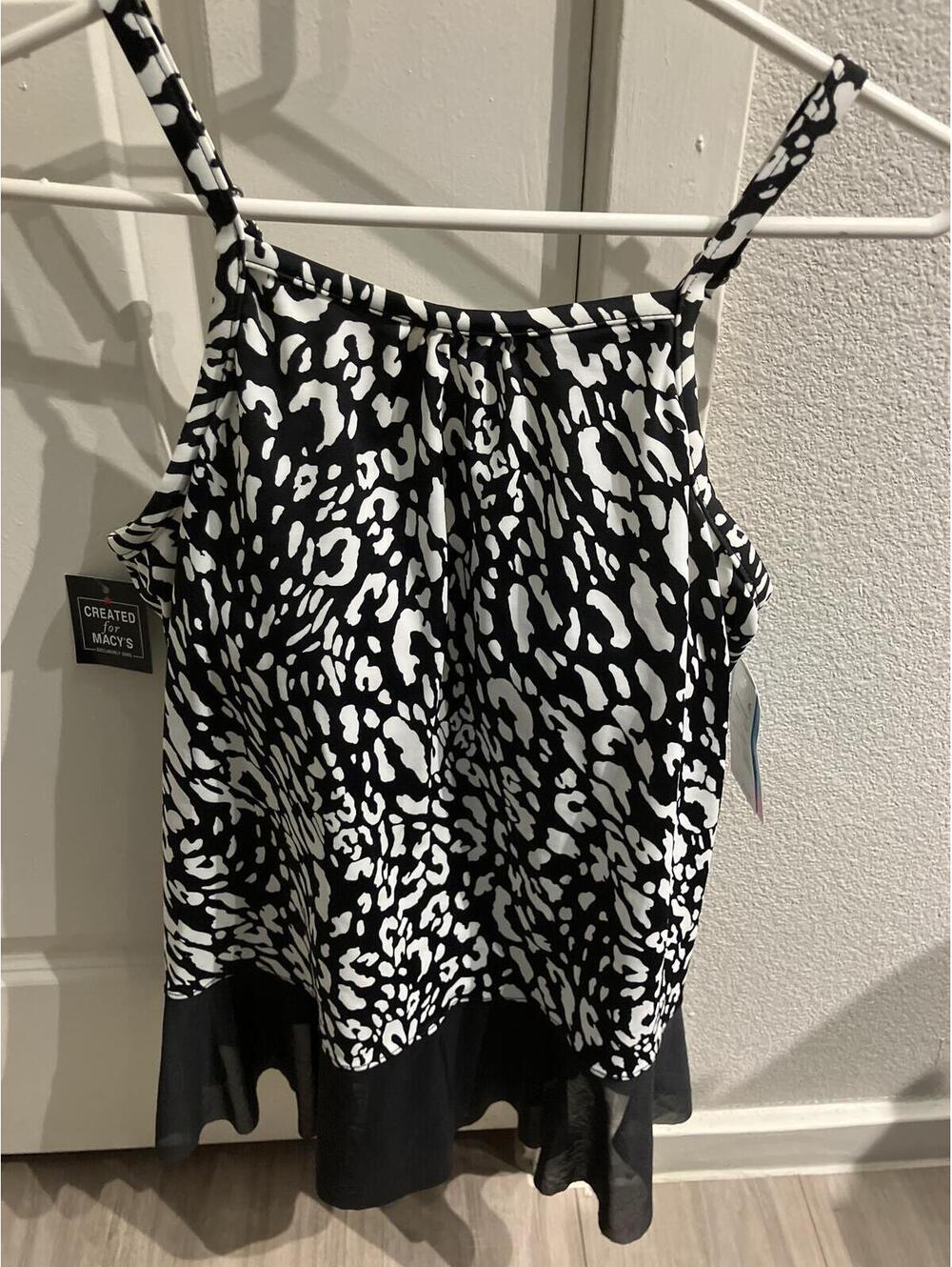 Black and White Animal Print Sleeveless Top with Ruffle Hem